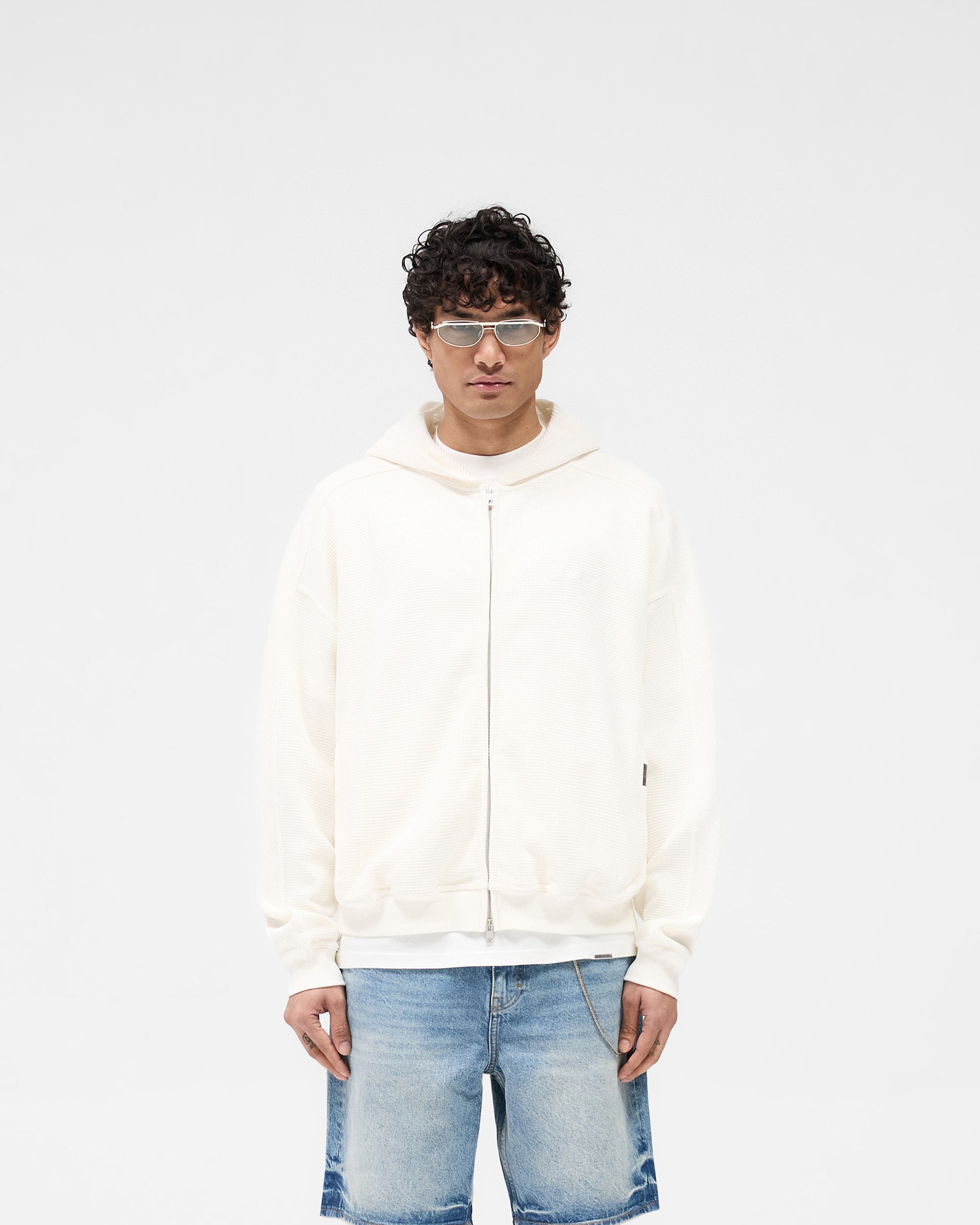 Waffle Zip Through Hoodie - Flat White