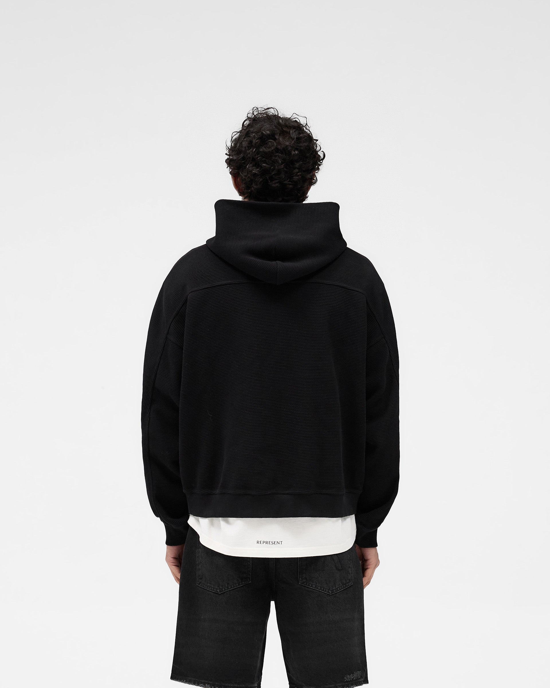 Waffle Zip Through Hoodie - Jet Black